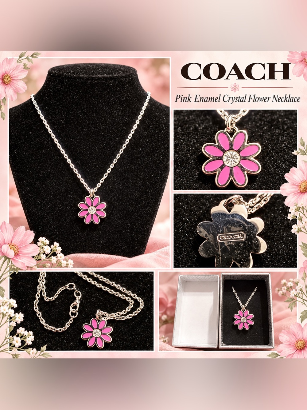 NWOT COACH Pink Enamel Flower Pendant Necklace with Crystal Center